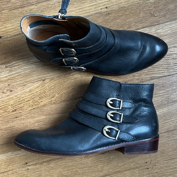 Anthropologie Latigo Ankle Boots Black Leather Brass Buckles 7 - Picture 1 of 8
